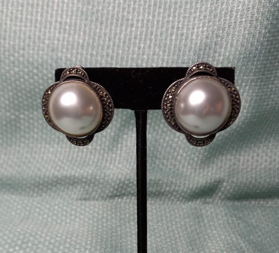 Sterling Judith Jack Marcasite and Pearl Earrings