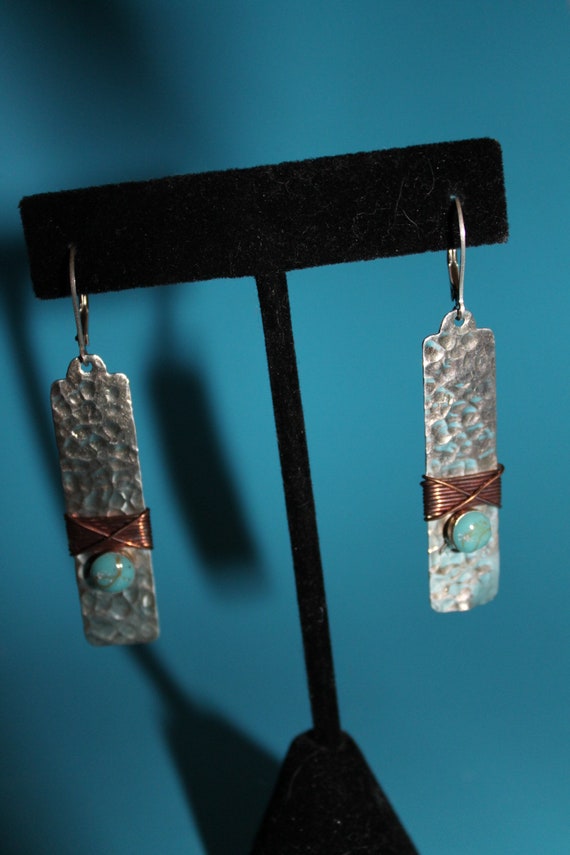 Vintage Mexico Sterling Copper Turquoise Dangle E… - image 2