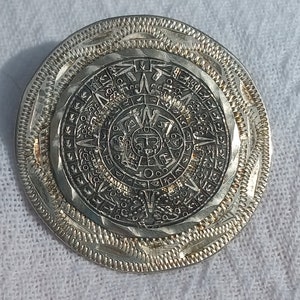 Vintage Taxco Mayan Calendar Disc Pendant Pin Brooch Sterling Silver