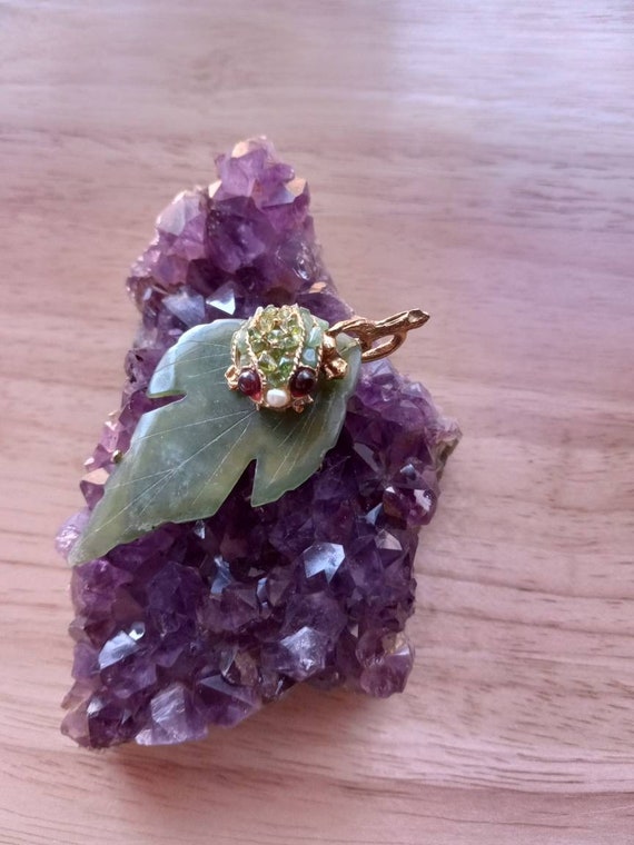 Genuine Jade Leaf with Jeweled Frog Pendant Pin B… - image 1