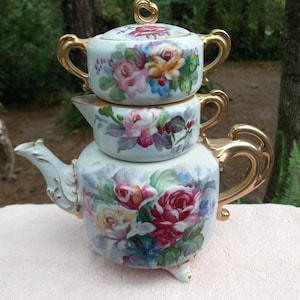 Floral Japanese Teapot Creamer Sugar Stackable Set