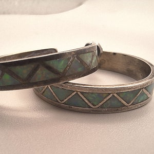 Opal Inlay Sterling Silver Hoop Earrings Signed TH