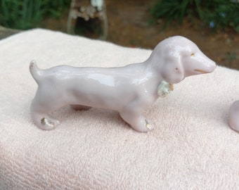 Vintage Japan Porcelain Pink Dachshund with Applied White Flower Miniature Figurine