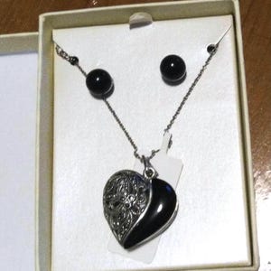 Onyx and Marcasite Sterling locket and earrings
