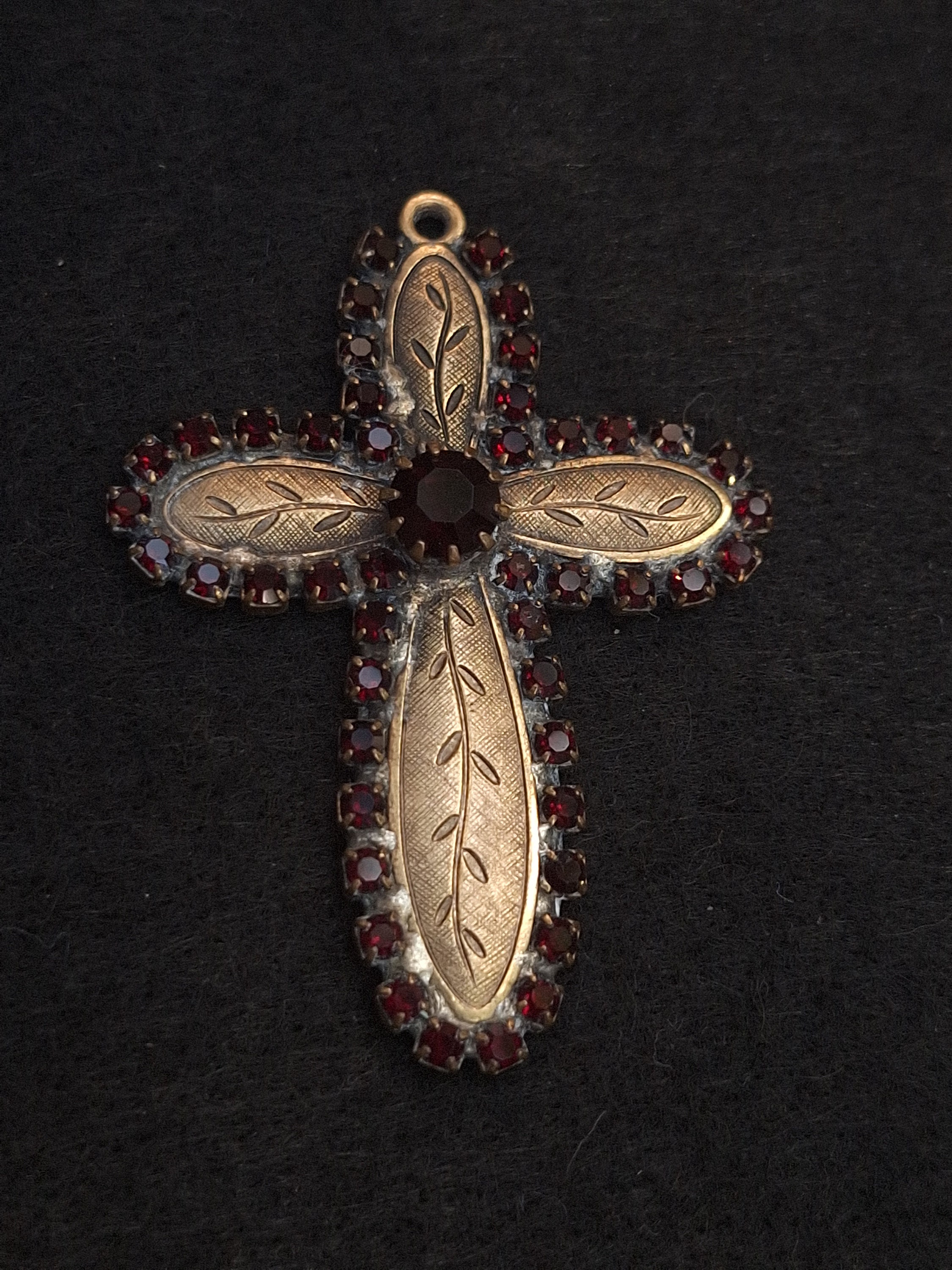 Vintage Hobe Deep Ruby Red Garnet Rhinestone Cross Pendant