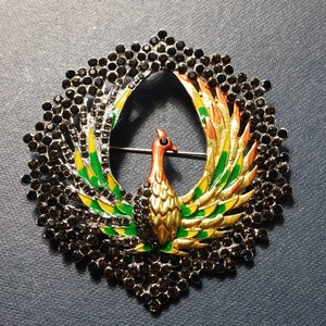 Large Enamel and Jeweled Peacock Brooch Pin