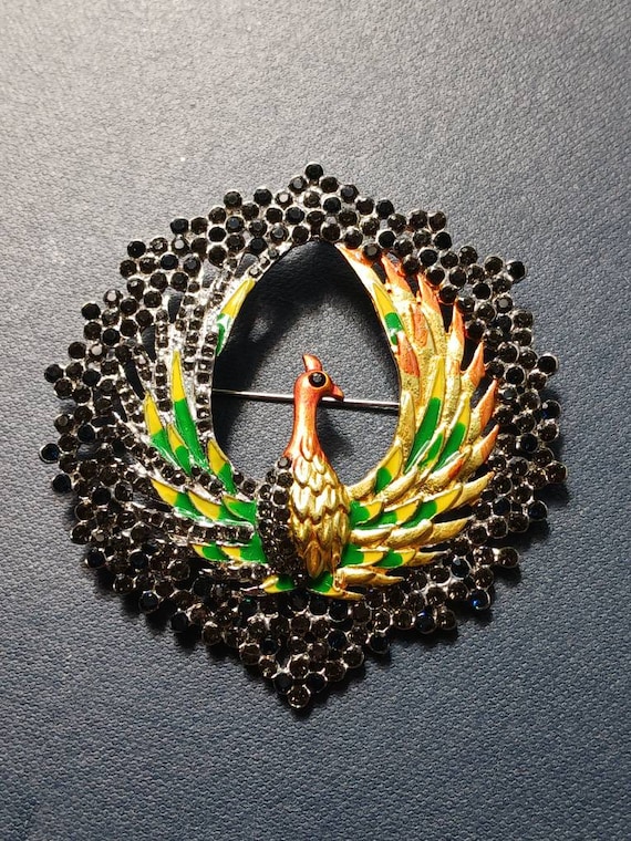 Large Enamel and Jeweled Peacock Brooch Pin