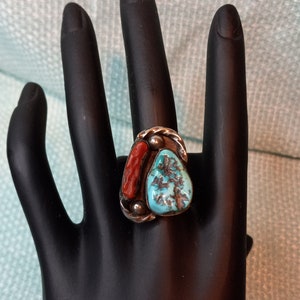 Navajo Turquoise and Red Coral Ring size 7