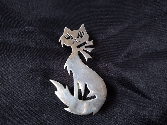 Taxco Mexican Sterling Silver Cat Pin Brooch - image 2