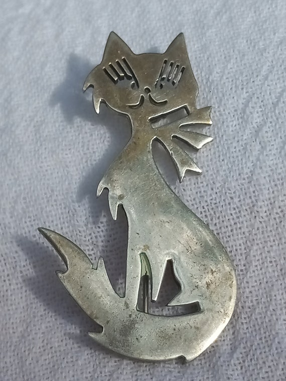 Taxco Mexican Sterling Silver Cat Pin Brooch - image 1