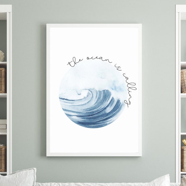 The Ocean is Calling Print | Beach Quote Printable, Surf or Ocean Themed Nursery, Beachy Wall Art, Watercolor Ocean Art