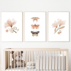 Butterfly Nursery 3 Piece Wall Art , Printable Art | Girl Nursery Decor, Blush Pink Poster Set, Vintage Wall Art