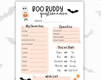 Printable Boo Buddy or Buddies Basket Questionnaire, Halloween Gift Exchange Questions for Office Coworkers, Neighbors or Friends