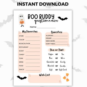 Printable Boo Buddy or Buddies Basket Questionnaire, Halloween Gift Exchange Questions for Office Coworkers, Neighbors or Friends