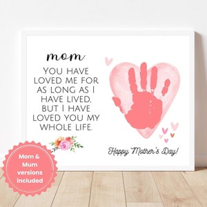 Moederdag handafdruk kunstambacht voor moeder of moeder, afdrukbaar | Baby Kids peuter- of voorschoolse activiteit, DIY Keepsake Card Gift