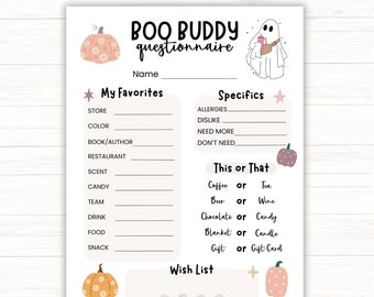 Printable Boo Buddy or Buddies Questionnaire, Halloween Gift Exchange Questions for Office Coworkers, Neighbors or Friends, Favorites Survey