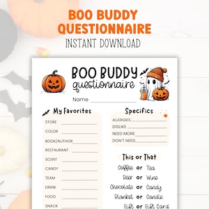 Printable Boo Buddy or Buddies Questionnaire, Halloween Gift Exchange Questions for Office Coworkers, Neighbors or Friends, Favorites Survey
