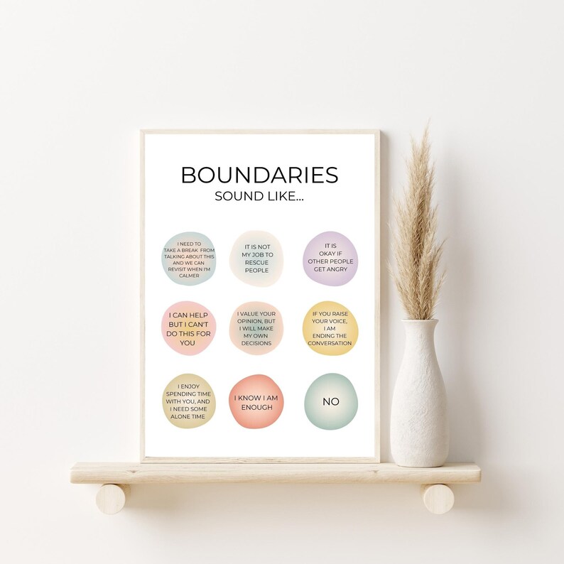 May include: A printable poster with the title "Boundaries Sound Like..." and nine colourful circles containing phrases about setting boundaries in relationships. The phrases include "I need to take a break from talking about this...", "It is not my job to rescue people", "It is okay if other people get angry", "I can help but I can't do this for you", "I value your opinion, but I will make my own decisions", "If you raise your voice, I am ending the conversation", "I enjoy spending time with you, and I need some alone time", "I know I am enough", and "No".