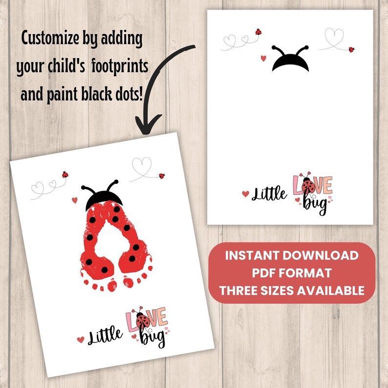 Puede incluir: Arte de huellas de mariquita imprimible con el texto "Little Love Bug" en rosa y rojo. La imagen muestra una mariquita hecha con huellas de pies rojas y puntos negros. El texto "&iexcl;Personaliza agregando las huellas de los pies de tu hijo y pinta puntos negros!" est&aacute; en la parte superior de la p&aacute;gina.