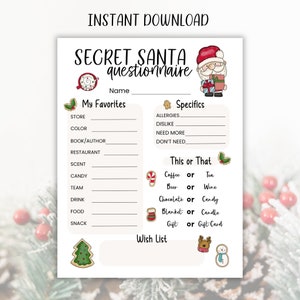 Printable Secret Santa Questionnaire, Christmas Holiday Gift Exchange Questions Form for Work Office Coworkers, Neighbors, Friends, PDF