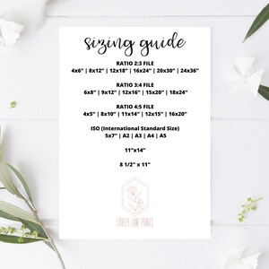 May include: A printable sizing guide for digital prints, showing different aspect ratios and sizes in inches. The guide includes standard sizes like 4x6, 8x10, 11x14, and 12x16, as well as international standard sizes like A2, A3, A4, and A5.