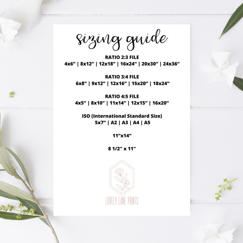 May include: A printable sizing guide for digital prints, showing different aspect ratios and sizes in inches. The guide includes standard sizes like 4x6, 8x10, 11x14, and 12x16, as well as international standard sizes like A2, A3, A4, and A5.