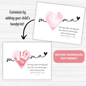 Peut inclure: Carte de f&ecirc;te des m&egrave;res imprimable avec un c&oelig;ur rose en aquarelle et le texte "mama". Le c&oelig;ur contient une empreinte de main. La carte comprend le texte "Un jour, quand je serai grand et grand, cela te rappellera que j'&eacute;tais autrefois si petit. Joyeuse f&ecirc;te des m&egrave;res !"