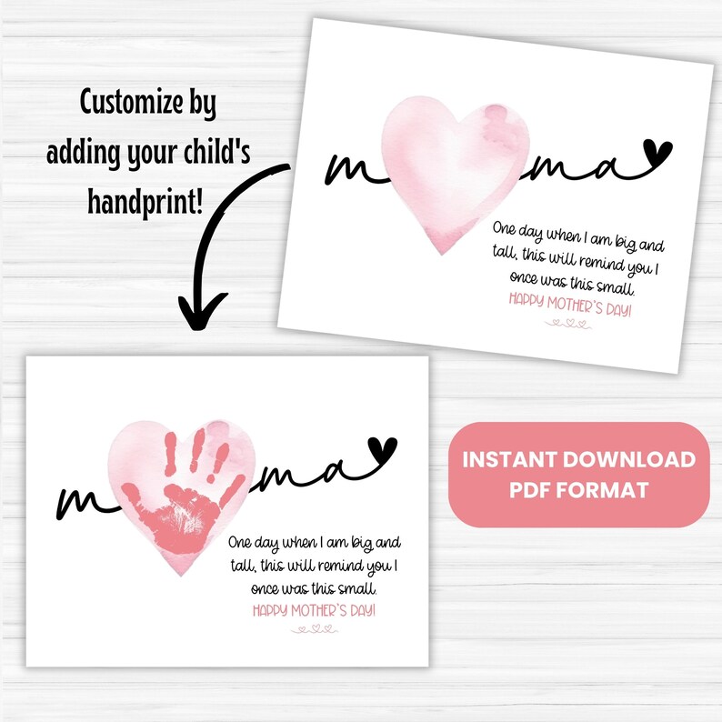 Peut inclure: Carte de f&ecirc;te des m&egrave;res imprimable avec un c&oelig;ur rose en aquarelle et le texte "mama". Le c&oelig;ur contient une empreinte de main. La carte comprend le texte "Un jour, quand je serai grand et grand, cela te rappellera que j'&eacute;tais autrefois si petit. Joyeuse f&ecirc;te des m&egrave;res !"