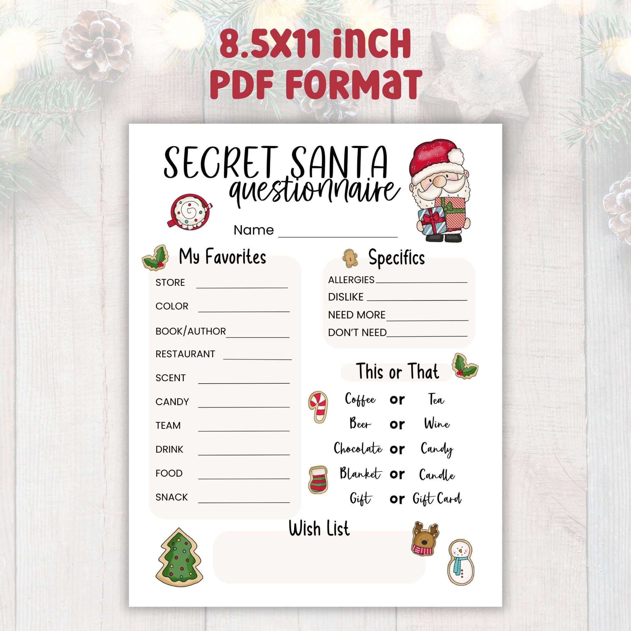 printable secret santa questionnaire, christmas holiday gift exchange  questions form for work office coworkers, neighbors, friends, pdf