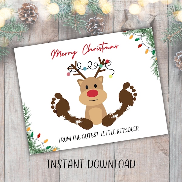 Reindeer Footprint Art Craft, Printable, Christmas or Holiday DIY Card, From Kids, Baby, Toddler, Preschool Daycare Xmas Activity