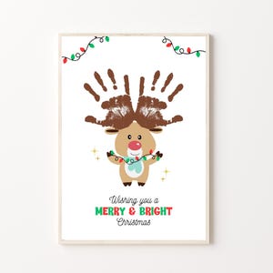Arte con huellas de manos de reno navideño, regalo de Navidad imprimible/hágalo usted mismo para padres, abuelas, niños, bebés, niños pequeños, tarjeta de actividad de guardería preescolar