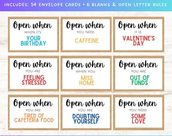 Open When Letters Envelope Cards for College Student or Going Away Gift, PRINTABLE | Open When Labels, College Notes, College Care Package