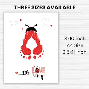 Puede incluir: Arte de huellas de mariquita imprimible con el texto "little love bug" y tres opciones de tama&ntilde;o: 8x10 pulgadas, tama&ntilde;o A4 y 8,5x11 pulgadas.