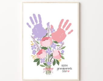 Grandparents Day Flower Handprint Art Craft, Printable | Gift for Grandma or Grandpa from Baby, Kids, Toddler or Preschool | DIY Card