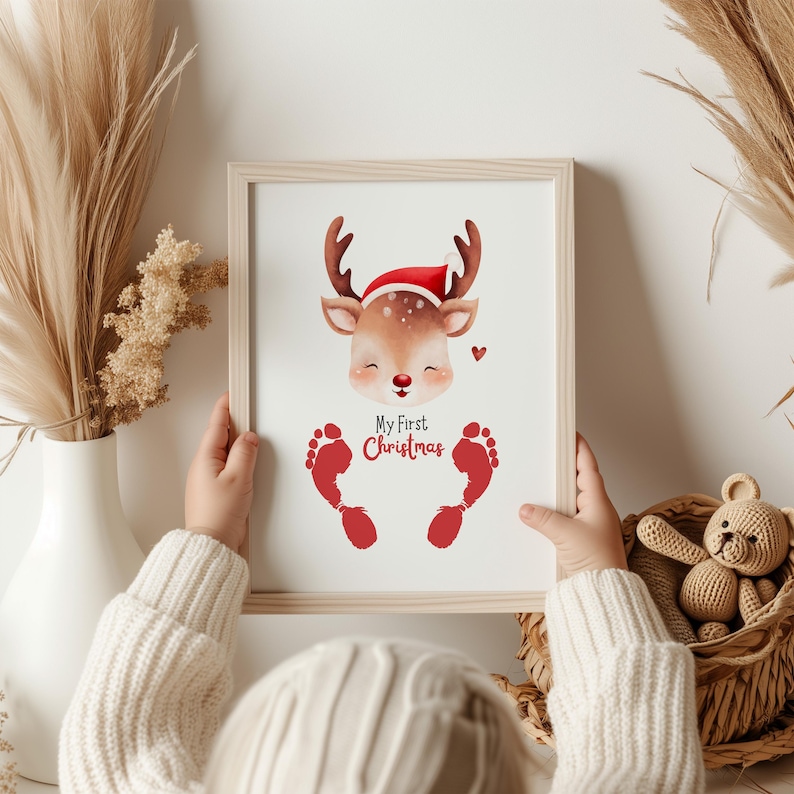 My First Christmas Footprint Art Printable Reindeer Craft 1st Holiday