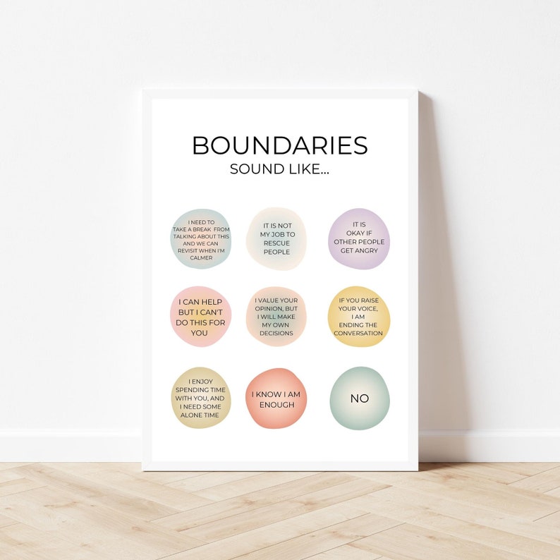 May include: A printable poster with the text "Boundaries Sound Like..." and nine colourful circles containing phrases about setting boundaries. The phrases include "I need to take a break from talking about this", "It is not my job to rescue people", "It is okay if other people get angry", "I can help but I can't do this for you", "I value your opinion but I will make my own decisions", "If you raise your voice, I am ending the conversation", "I enjoy spending time with you, and I need some alone time", "I know I am enough", and "No".