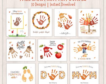 May include: A set of 10 printable handprint art designs featuring fall themes. The designs include a football, leaves, a pumpkin, an apple, a scarecrow, and the words "nuts for fall", "thankful, grateful, blessed", "hello fall", "sweetest apple in the orchard", "this little scarecrow is thankful for you", "cutest little pumpkin", "I'm so very thankful for my dad", and "I'm so very thankful for my mom".