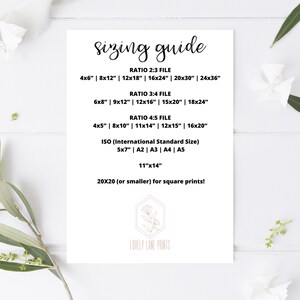 May include: A sizing guide for digital prints with different aspect ratios, including 2:3, 3:4, and 4:5. The guide also includes standard sizes like 4x6 inches, 8x10 inches, 11x14 inches, and 12x16 inches. The text also mentions ISO standard sizes like 5x7 inches, A2, A3, A4, and A5. The guide concludes with a note about square prints, recommending a maximum size of 20x20 inches.