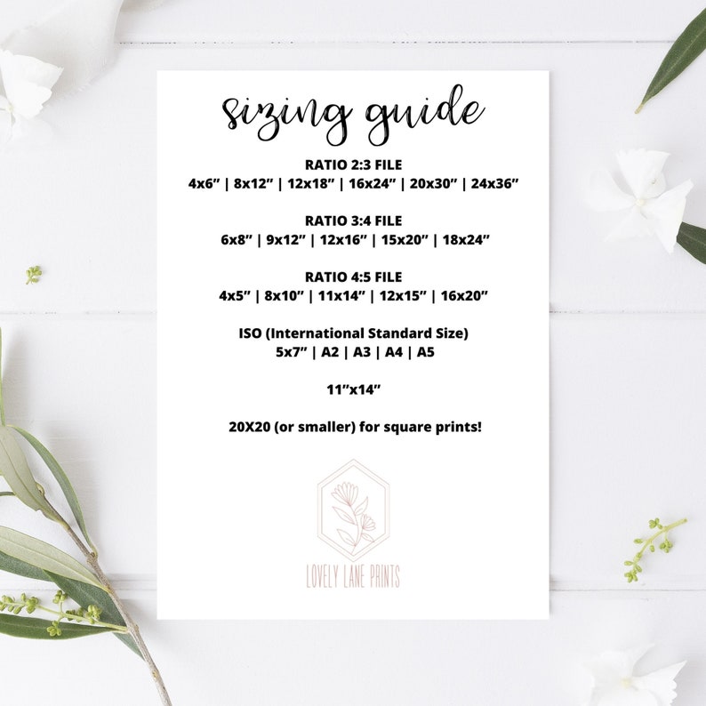 May include: A sizing guide for digital prints with different aspect ratios, including 2:3, 3:4, and 4:5. The guide also includes standard sizes like 4x6 inches, 8x10 inches, 11x14 inches, and 12x16 inches. The text also mentions ISO standard sizes like 5x7 inches, A2, A3, A4, and A5. The guide concludes with a note about square prints, recommending a maximum size of 20x20 inches.
