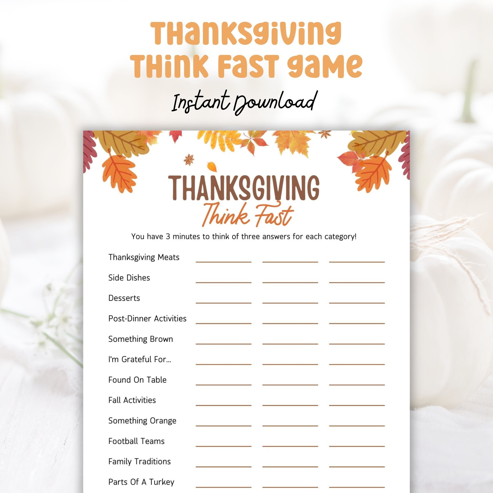 thanksgiving think fast game, printable | family thanksgiving game for kids  and adults, classroom or office party game