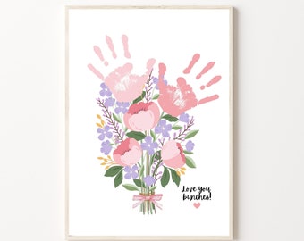 Créations artistiques empreintes de main bouquet de fleurs, version imprimable | Empreinte de main pour maman ou grands-parents, cadeau d'enfants ou de petits-enfants, fête des mères, fête des mères