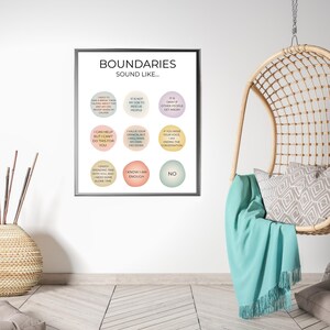 May include: A printable poster with the title "Boundaries Sound Like..." and eight colourful circles with phrases about setting boundaries. The phrases include "I need to take a break from talking about this", "It is not my job to rescue people", "It is okay if other people get angry", "I can help but I can't do this for you", "I value your opinion, but I will make my own decisions", "If you raise your voice, I am ending the conversation", "I enjoy spending time with you, and I need some alone time", "I know I am enough", and "No".