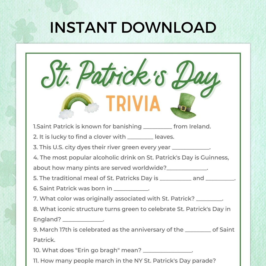 St Patricks Day Trivia Game, Printable Party Games Trivia Questions Etsy