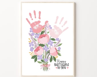 Flower Bouquet Handprint Craft Art for Birthday, Printable | For Mom or Grandparents Handprint, Gift from Kids or Grandkids