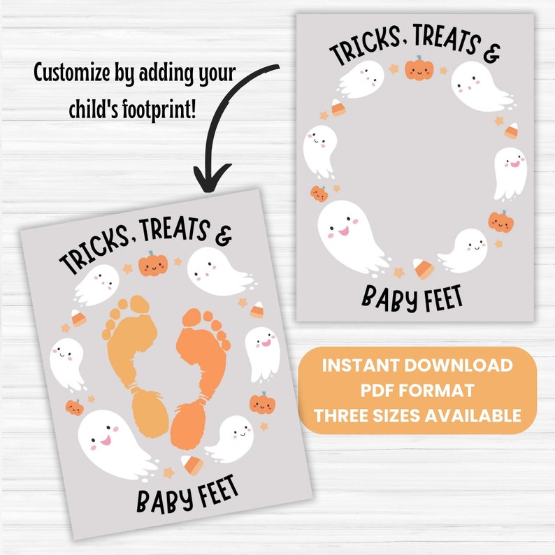 May include: A printable Halloween-themed footprint art sign with a grey background and a circle of white ghosts with orange pumpkins and candy corn. The text "TRICKS, TREATS & BABY FEET" is at the bottom of the sign. The sign is for an instant download in PDF format and is available in three sizes.