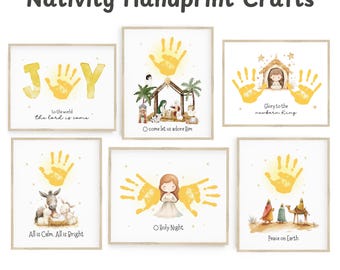 May include: Six printable Christmas handprint craft designs featuring a nativity scene, angels, stars, and the words "Joy to the world the lord is come", "O come let us adore him", "Glory to the newborn King", "All is Calm. All is Bright", "O Holy Night", and "Peace on Earth".