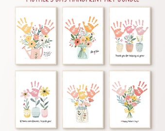 Lot d'oeuvres d'art empreintes de main fleurs pour la fête des Mères, version imprimable | Cadeau artisanal pour maman pour un bébé, un enfant, un tout-petit ou un enfant d'âge préscolaire | Carte cadeau souvenir DIY