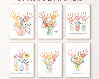 May include: Set of six printable Mother's Day handprint art designs featuring floral bouquets with handprints in pink and yellow. The text on the prints includes "If Moms were flowers, I'd pick you!" "Thank you for helping us grow" and "Happy Mother's Day".