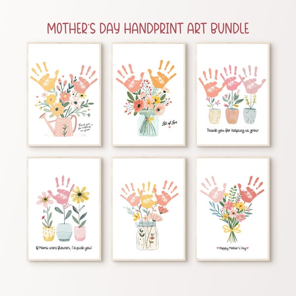 Mothers Day Flower Handprint Art Bundle, Printable | Mom craft gift from Baby, Kids, Toddler or Preschool | DIY Keepsake Gift Card