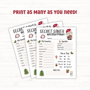 Printable Secret Santa Questionnaire, Christmas Holiday Gift Exchange ...